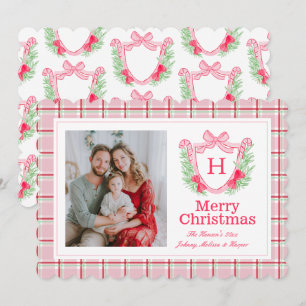 Cartão De Festividades Preppy Monograma Watercolor Wreath Holly