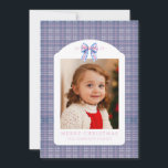 Cartão De Festividades Preppy Pink and Blue Plaid Chinoiserie Bow<br><div class="desc">Blue and Pink plaid Chinoserie Christmas cards. These cards have a simple elegance. Use the personalization feature to edit the details.</div>