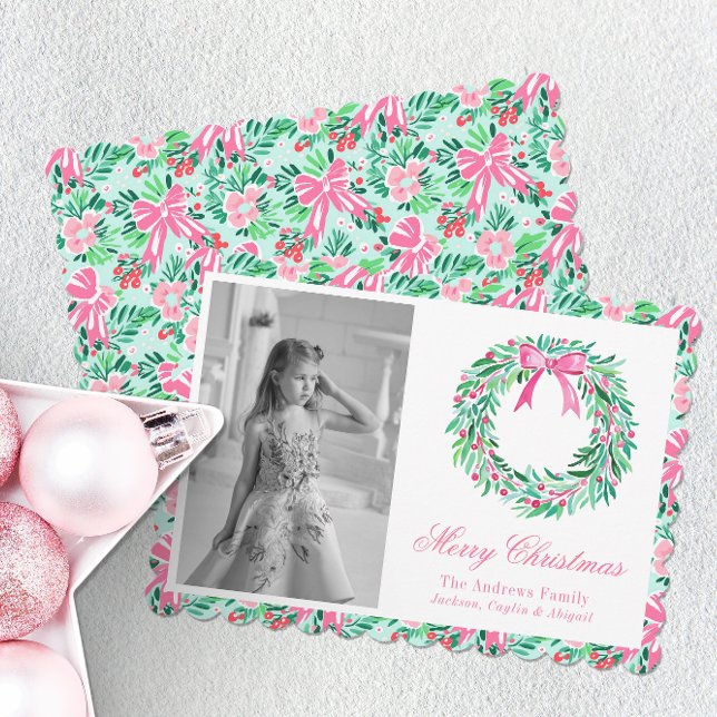 Cartão De Festividades Preppy Pink & Green Palm Beach Wreath Photo (Criador carregado)