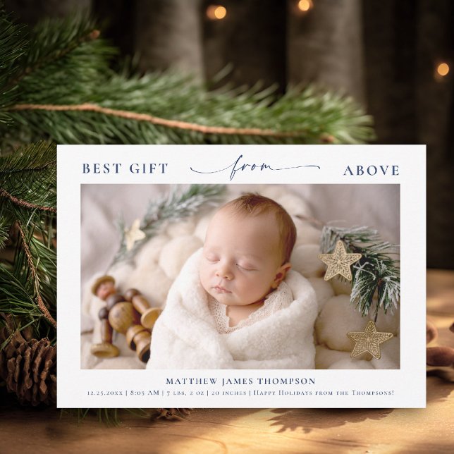 Cartão De Festividades Presente de Cima Elegante Foto de Natal Azul de Be (best gift from above baby christmas card minimalist simple photo calligraphy blue christian religion)