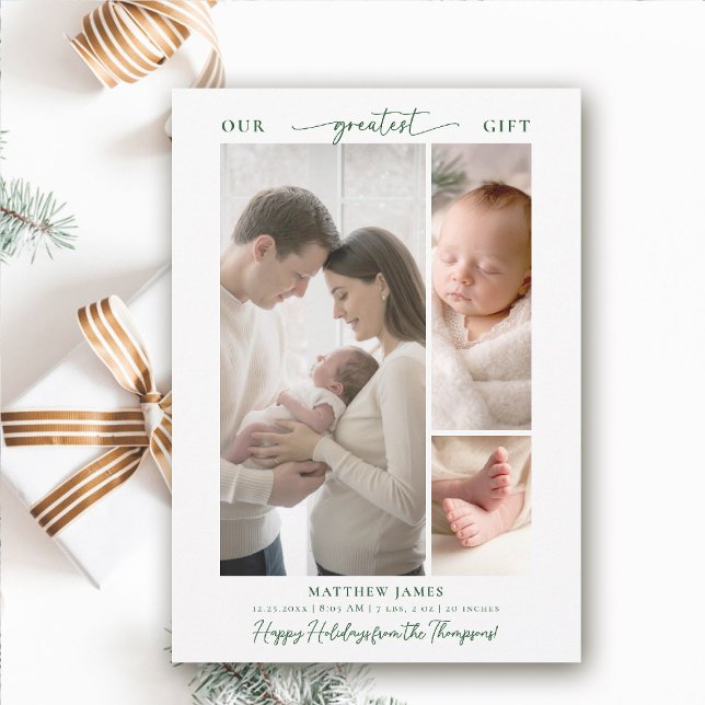 Cartão De Festividades Presente de Natal Acima de Bebê Simples e Elegante (greatest gift baby christmas card minimalist simple elegant 3 photos calligraphy christian religious)