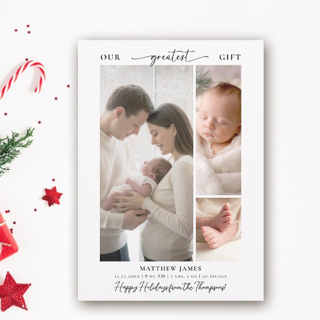 Cartão De Festividades Presente de Natal Acima de Bebê Simples Moderno 3  (greatest gift baby christmas card minimalist simple elegant 3 photos calligraphy christian spiritual)