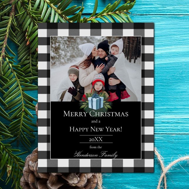 Cartão De Festividades Presente de Natal com Xadrez de Búfalo | Azul (Blue Buffalo Plaid Christmas Gift Holiday Photo Card)