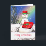 Cartão De Festividades Presente de Natal de Snowman<br><div class="desc">Um cartão de saudação de Natal com a minha imagem original de um boneco de neve sorridente segurando um presente de Natal no dia de Natal.</div>