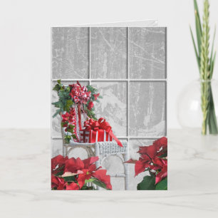 Cartão De Festividades Presente de Natal na cadeira de vime na janela