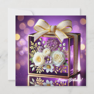 Cartão De Festividades Presente floral de vidro roxo luxuoso com laço de 