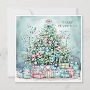 Cartão De Festividades Presentes de árvore de Natal vintage azul rosa