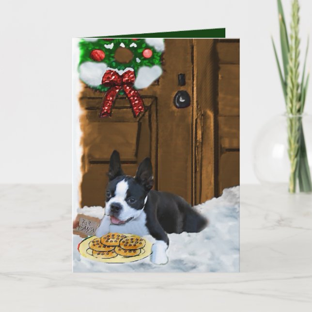 Cartão De Festividades Presentes de Natal em Boston Terrier (Frente)