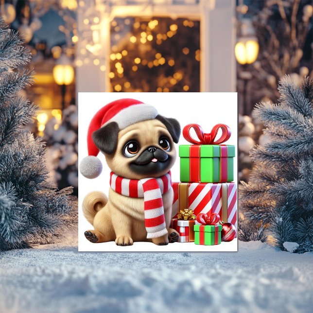 Cartão De Festividades Presentes de Natal Pug (Criador carregado)