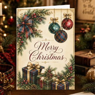 Cartão De Festividades Presentes e Enfeites Xadrez Escocês Vintage Natal