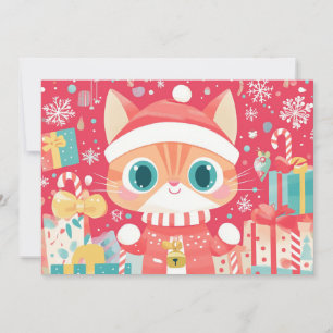 Cartão De Festividades Presentes Festivos do Gato de Natal Kawaii Flocos