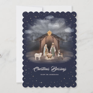 Cartão De Festividades Presépio Bênçãos de Natal Azul Cristão