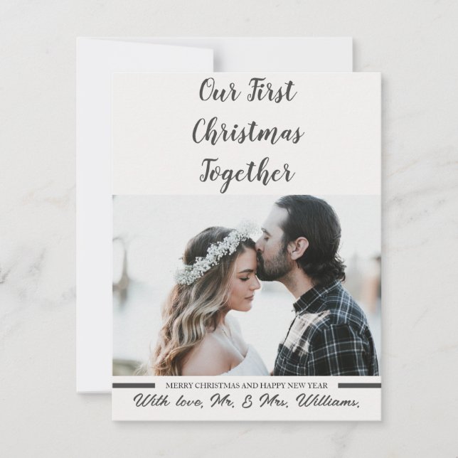 Cartão De Festividades Preto e Branco Nossa Primeira Foto de Natal Recent (Frente)