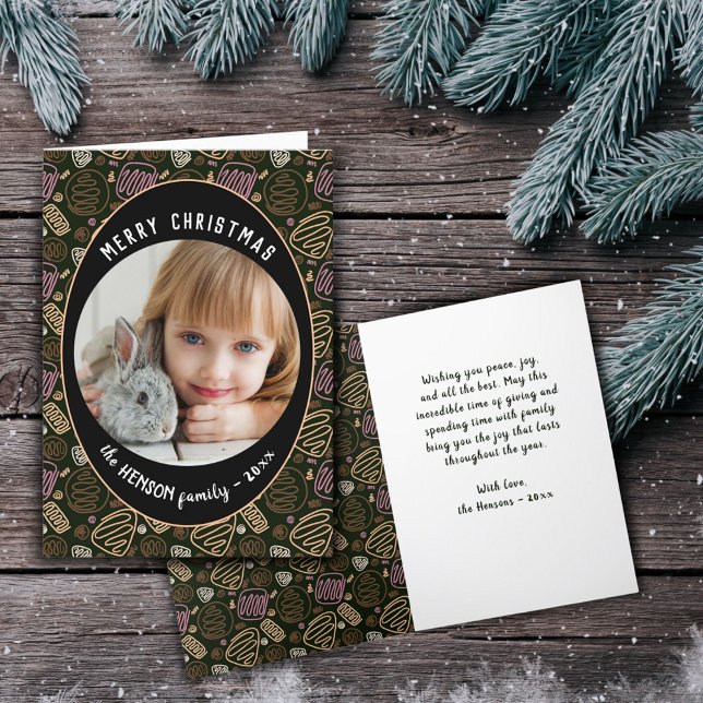 Cartão De Festividades Preto rosa Uma linha arte natalícia Photo Hol (Criador carregado)