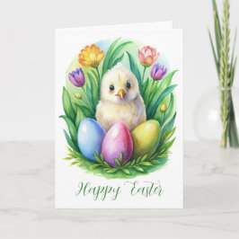 Cartão De Festividades Primavera aquarela com galinha e ovos tintos