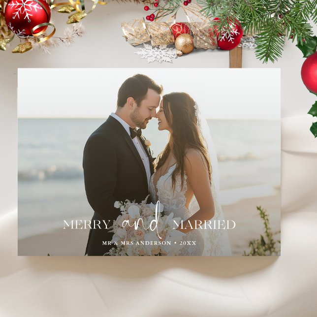 Cartão De Festividades Primeira Feliz de Casamento e Foto de Natal Casada (Criador carregado)