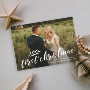 Cartão De Festividades Primeira Foto de Casamento Escrita à Mão no Natal