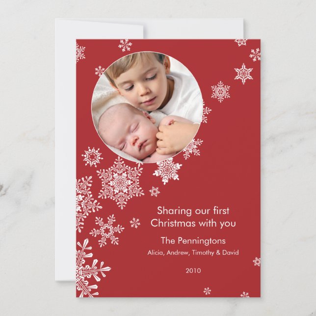 Cartão De Festividades Primeira Foto de Natal com Flocos de Neve Flutuant (Frente)
