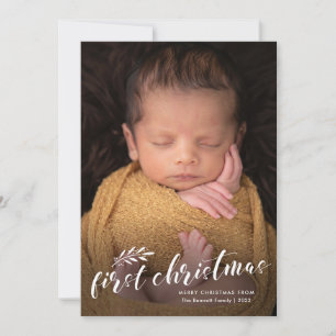 Cartão De Festividades Primeira Foto de Natal Escrita à Mão do Bebê