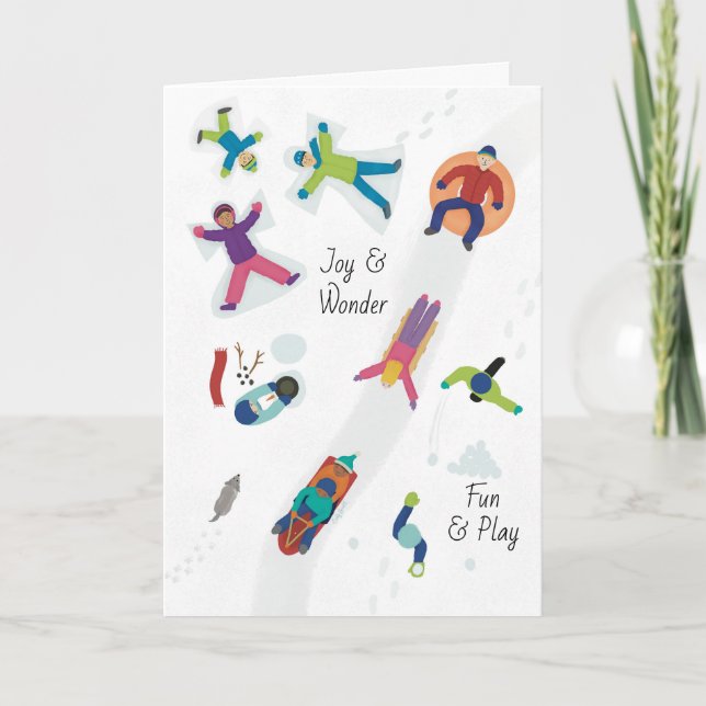 Cartão De Festividades Primeira Neve Crianças de Inverno Brincando de Anj (Frente)