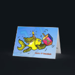 Cartão De Festividades Primeiro Hanukkah CARD peixe engraçado e fofo com<br><div class="desc">FELIZ HANUKKAH, 11 RUAS, é um Cartão de Saudação engraçado, bonito e divertido. Peixe amarelo esparso está segurando um sonho e vestindo uma vela como coroa :) É um cartão perfeito para um Hanukkah perfeito. Este cartão maravilhoso tem vários presentes, como postagem, Imãs de geladeira, canecas de chá/café, camisetas adesivos...</div>