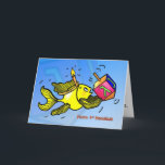 Cartão De Festividades Primeiro Hanukkah CARD peixe engraçado e fofo com<br><div class="desc">FELIZ HANUKKAH, 11 RUAS, é um Cartão de Saudação engraçado, bonito e divertido. Peixe amarelo esparso está segurando um sonho e vestindo uma vela como coroa :) É um cartão perfeito para um Hanukkah perfeito. Este cartão maravilhoso tem vários presentes, como postagem, Imãs de geladeira, canecas de chá/café, camisetas adesivos...</div>
