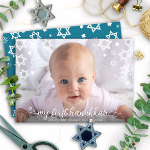 Cartão De Festividades Primeiro Hanukkah do Bebê Foto Estrela de Davi Ras