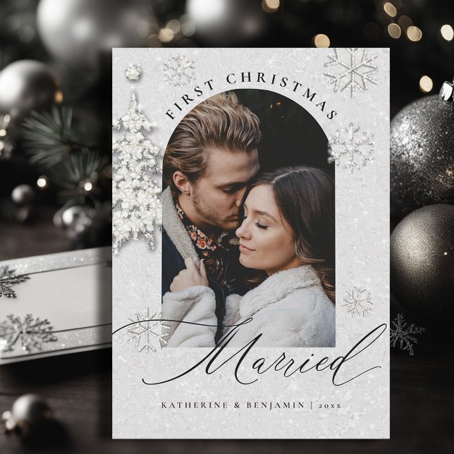 Cartão De Festividades Primeiro Natal Casados Brilho Boho Arco Foto (christmas card first married couple black white glitter sparkle boho arch modern minimalist)