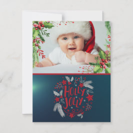 Cartão De Festividades Primeiro Natal do Bebê, Folhas de Azevinho, Foto, 