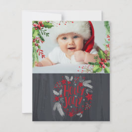 Cartão De Festividades Primeiro Natal do Bebê, Folhas de Azevinho, Foto d