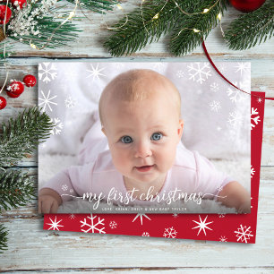 Cartão De Festividades Primeiro Natal do Bebê Foto Flocos de Neve Tipogra