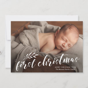 Cartão De Festividades Primeiro Natal do Bebê Foto Manuscrita do Bebê