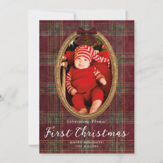 Cartão De Festividades Primeiro Natal do Bebê Xadrez Dourado Quadro Natal
