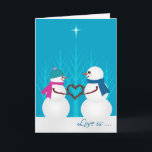 Cartão De Festividades Primeiro Natal do casal doce do boneco de neve<br><div class="desc">Um casal pequeno tão adorável da neve, guardarando uma grinalda coração-dada forma do galho, sob a estrela do Natal. O amor é a razão para a estação. Um cartão doce para os newlyweds, ou algum acoplam a comemoração de seu primeiro feriado junto. Esta ilustração original é cortiça da moeda de...</div>