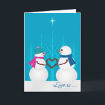 Cartão De Festividades Primeiro Natal do casal doce do boneco de neve<br><div class="desc">Um casal pequeno tão adorável da neve, guardarando uma grinalda coração-dada forma do galho, sob a estrela do Natal. O amor é a razão para a estação. Um cartão doce para os newlyweds, ou algum acoplam a comemoração de seu primeiro feriado junto. Esta ilustração original é cortiça da moeda de...</div>