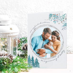 Cartão De Festividades Primeiro Natal Foto do bebê da Floresta de Inverno