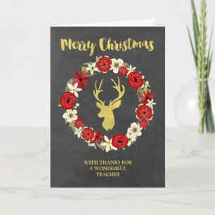 Cartão De Festividades Professora de Natal Deer Wreath Dourada Chalkboard