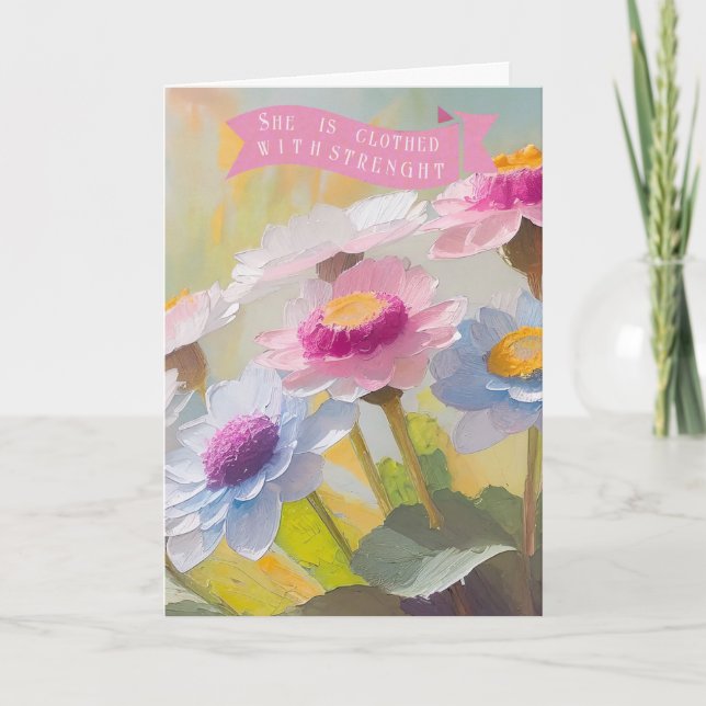 Cartão De Festividades Provérbios 31:25,Bíblia cita mães, margaridas (Frente)