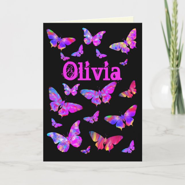 Cartão De Festividades Psychedelic Pink Butterfly Pop Art Olivia Name (Frente)
