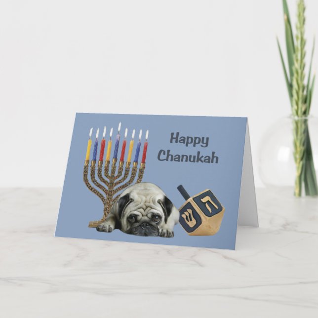 Cartão De Festividades Pug Chanukah Card Menorah Dreidel (Frente)