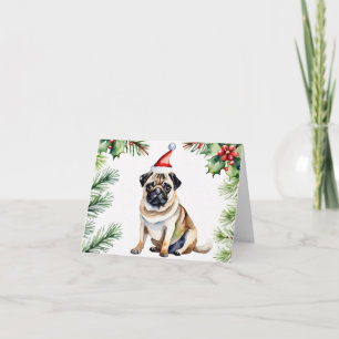 Cartão De Festividades Pug de Aquarela com Santa Hat