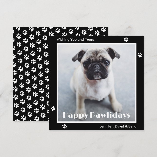 Cartão De Festividades Pug Dog Paw Prints Pet Photo Black Holiday Card (Frente/Verso)