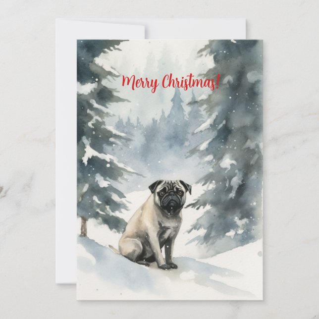 Cartão De Festividades Pug na Neve Aquarela Natal (Frente)