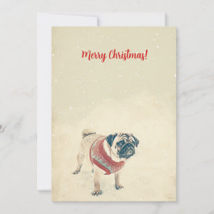 Cartão De Festividades Pug na Neve Minimal Natal Vintage