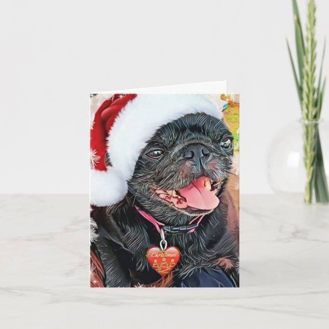 Cartão De Festividades Pug Preto Papai Noel (Frente)