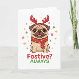 Cartão De Festividades Pug Rena de Natal Pug Fofo de Natal