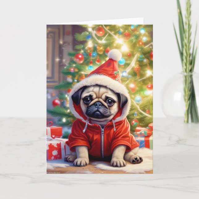 Cartão De Festividades Pug Santa sob a Árvore de Natal (Frente)