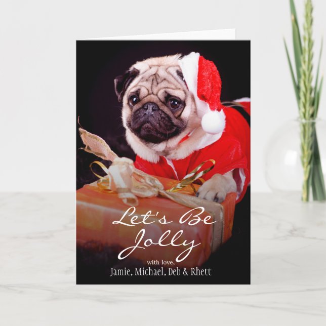 Cartão De Festividades Pug vestindo um chapéu de Papai Noel (Frente)