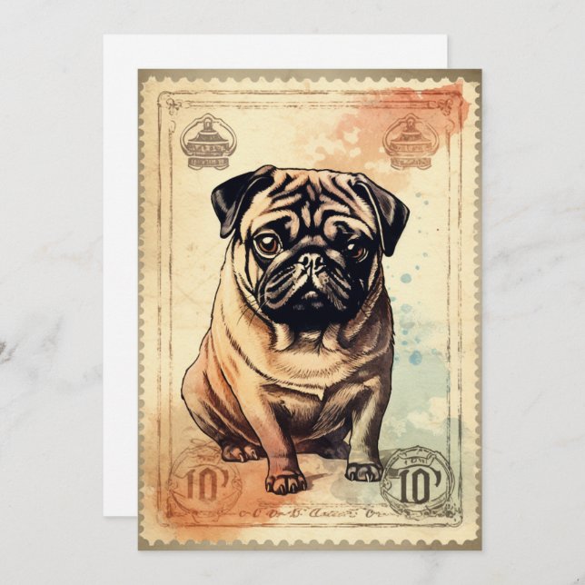 Cartão De Festividades Pug Vintage Stamp Art (Frente/Verso)