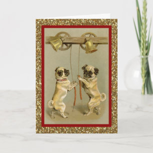 Cartão De Festividades pugs antigos tocando sinos de ano novo